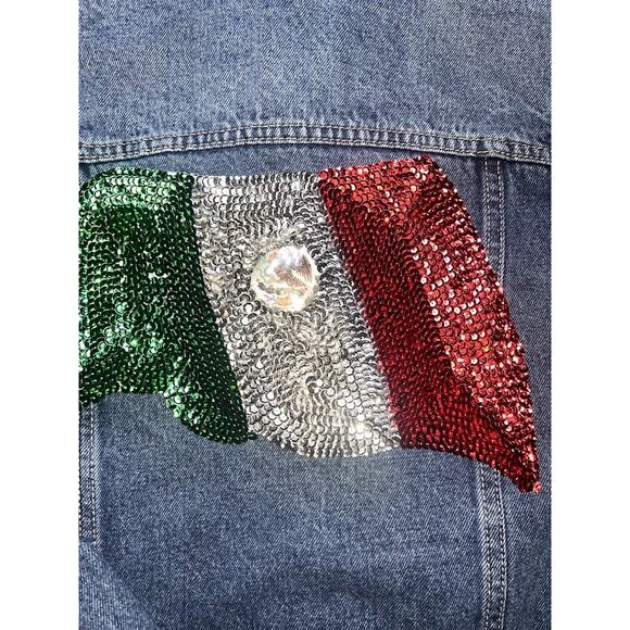 Hija De Tu Made Denim Jacket Women’s Size XS Blue Sequin Mexican Flag Distressed - Picture 12 of 16